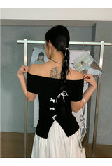 Black Macaron Bow Off Shoulder Tee