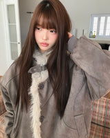 Deuen High-Neck Quilted Faux Fur Suede Shearling Jacket