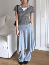 Isho Fake Layered Halter Stripe Button Short Sleeve T-shirt