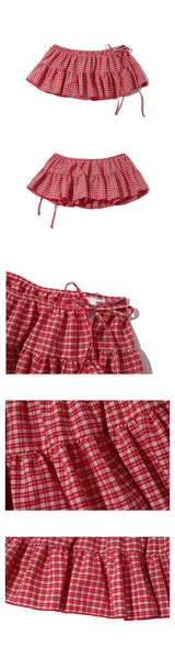 RED CHECK LAYERED WRAP SHORT SKIRT