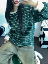 STRIPE OVER BOXY BOYFRIEND LONG SLEEVE T SHIRT ❤💚🩵🧸4COLOR
