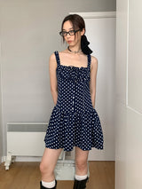 Navy Dotted Square Neck Flared Dress