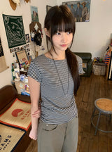 ユリモストライプボートネックショートスリーブT