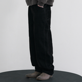 Velvet Stitch Curve Balloon Wide Denim Pants - BLACK