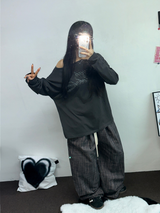 レタリングオフショルダーUネックロングスリーブTシャツ 🩶🤍🖤3カラー