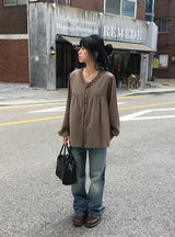 26FW★ [BAONHAUS] Muon Shirring Ribbon Blouse
