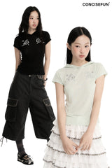 CONFUN Embroidered Silver Thread Patterned Split Design Semi-transparent Linen Fabric Tight-Fitting Hooded Short-Sleeved T-Shirt