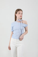 オフショルダーツイスト半袖Tシャツ Sky Blue