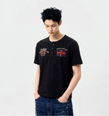 スラブヘンリーネッククロップドTシャツユニオンジャック ブラック