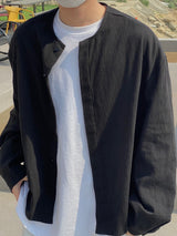 Hidden button linen wide set up-shirts 2C