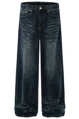 Whiskered Washed Wide-Leg Jeans