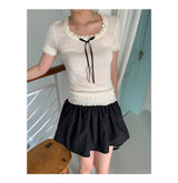 ribbon frill sweet short-sleeved knitwear