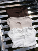 3/4 リブ ヘンリーネック ボタンTシャツ (Brown)