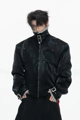 Snake Print Puffer Leather Jacket