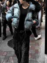 Carrot washed denim embroidered padded coat + black fur