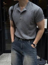 Front cut line henry-neck short sleeve t-shirt