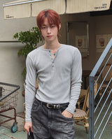 Kanden Ribbed Henley Neck Slim Long Sleeve T-shirt