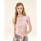 [GirlyFancyClub] Pink leopard print pleated slim fit short sleeve sweet and spicy t-shirt