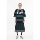 Emblem Stripe Rugby Collar Short Sleeve -Black