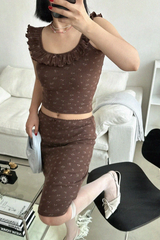 SOFT FLOWER FRILL TOP & MIDI SKIRT SET (IVORY, BROWN 2COLORS!)