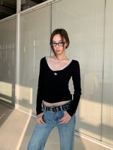 レースディテールVネックツイストロングスリーブTシャツ