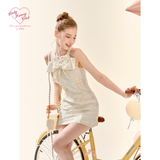 [GirlyFancyClub] Elegant Girl Bowknot Short Skirt Milk Apricot Slim Fit Cold Shoulder Embroidered Lace Dress