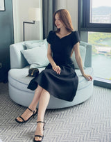 Sebit Heart-Neck Tulip Tweed Flared Long One Piece