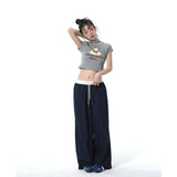 Summon Oak American-style spliced contrast-color casual pants for women, loose straight-cut wide-leg sports trousers with a good draping effect
