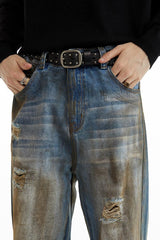Wasteland Fitter Oil-stained Dirty Fit Straight-leg Hole Jeans