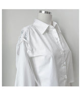 Twill shoulder ribbon shirring loose fit crop shirt (2 colors)