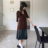 パミールビンテージVネックボタンプリーツ3/4ショートスリーブTシャツ