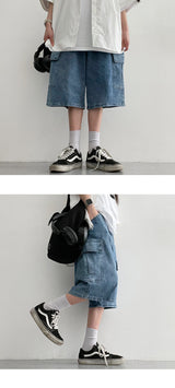 Shirley Spandex Back Banded Wide Cargo Denim Shorts