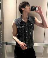 Black Wash Distressed Denim Vest