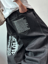 LETTERING INDIGO RAW STITCH WIDE BALLOON TATTOO PRINT DENIM LONG PANTS 🩵🖤 - 2 COLORS