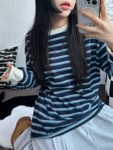 STRIPE OVER BOXY BOYFRIEND LONG SLEEVE T SHIRT ❤💚🩵🧸4COLOR