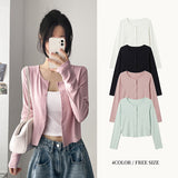  Round Button Long-Sleeved Semi-Crop Cardigan (4 colors)