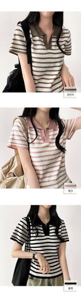 Bendy Stripe Danjara Collar Short-Sleeved Knitwear