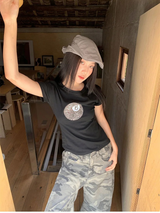 ブラックラウンドレオパードスパンデックスショートスリーブTシャツ