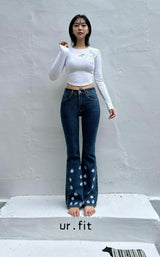 DARK BLUE EMBROIDERED SPANDEX BOOTCUT DENIM PANTS code 18315