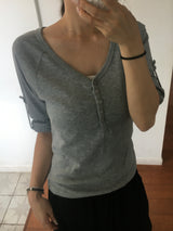 Chloe Button Roll Up 3/4 sleeve 2-Way Vneck (5c)