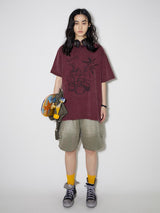 ダークワインレッドドラムキットウォッシュビンテージTシャツ