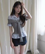 [ office look🖤 ] elio off-tie roll-up layer sh / top
