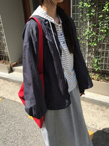 サユストライプボタンフード長袖Tシャツ