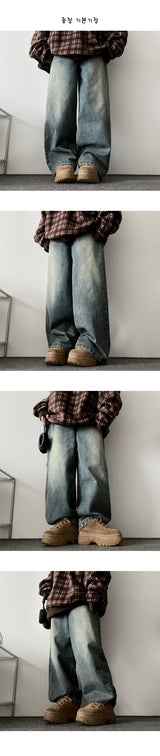 [Fleece lining] リネンヘムスナップウォッシュワイドデニムパンツ - 3 Tier Length