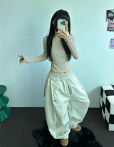 フリース❤サイドシャーリングストライプクロッピードロングスリーブTシャツ 🧸🤎🩶🩵3カラー