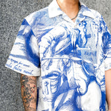 Greek Blue and White Porcelain Style Tencel Linen Shirt