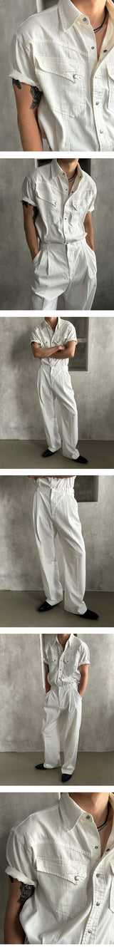 [MUSCLE FIT] Cool ever western denim half shirts (White)