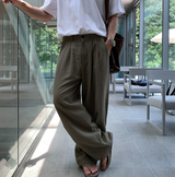 No-Mace Back Banding Two-Tuck Linen Wide Pants