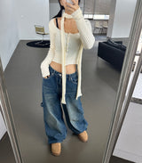 (SCARF & KNIT SET) DREAMY SOFT RIBBED CARDIGAN SCARF SEMI-CROPPED KNIT - 2 COLOR