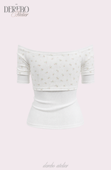 Sherbet off-shoulder button short sleeve T-shirt
